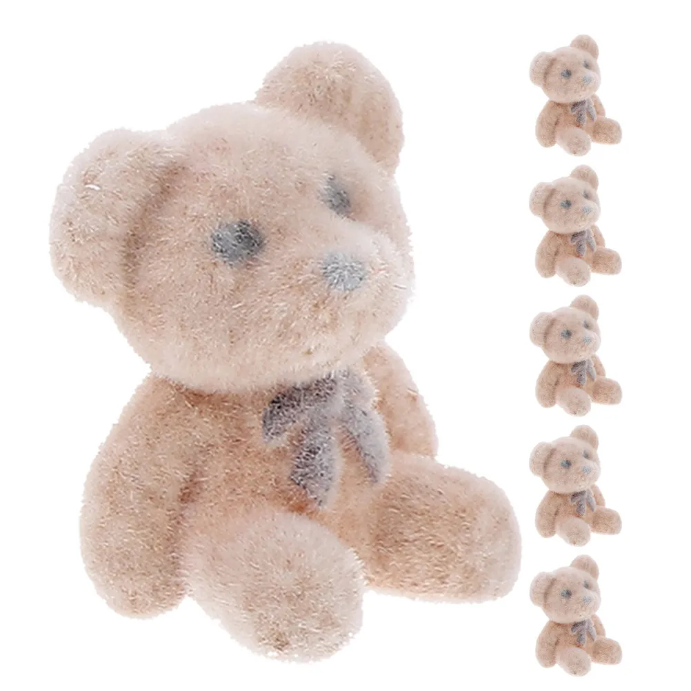 6Pcs Mini Flocked Bears Soft Tactile Charm Decoration for Parties Events DIY Crafts Wedding Shower Graduation Cake Decor Tiny