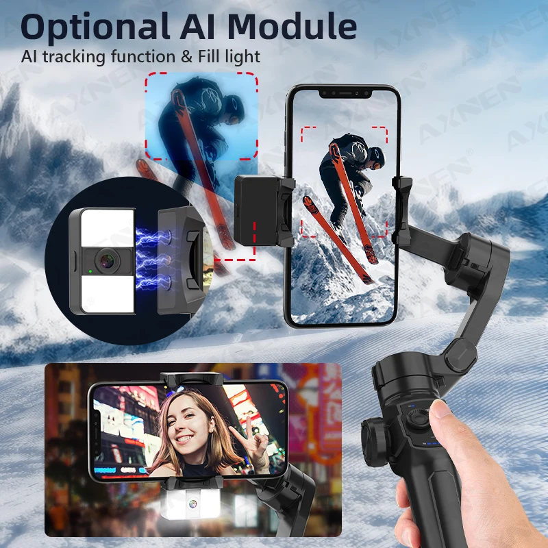 AXNEN 3-Axis Handheld Gimbal Stabilizer for Smartphone for iPhone Android Face Tracking Tiktok Vlog 2024 HQ4, Optional AI Module