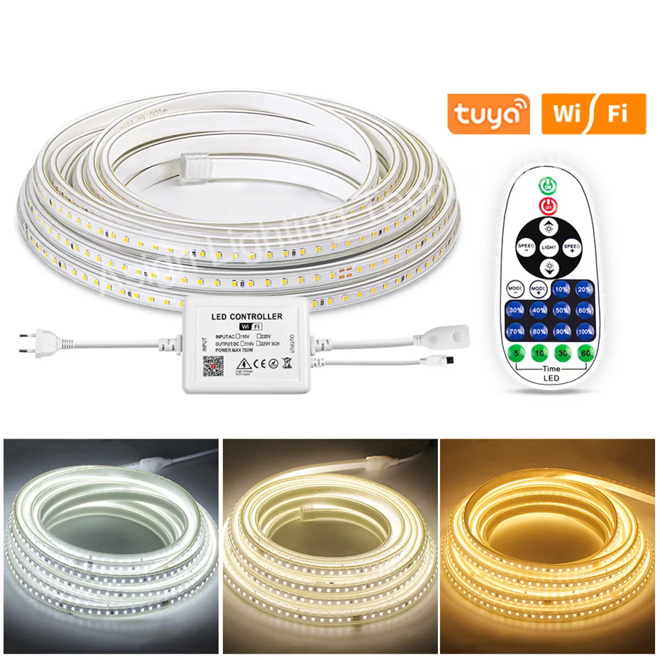 

Водонепроницаемая светодиодная лента 220 В 2835SMD Tuya Wi-Fi/Bluetooth/дистанционный штекер европейского стандарта 10 м 20 м 30 м 50 м Гибкая светодиодная лента для домашнего декора
