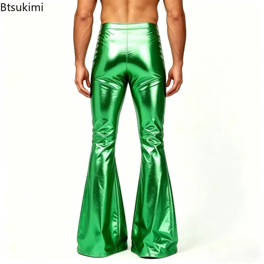 New Men Metallic Shiny Flared PantsSexy Stage Costume Elastic Waistband Bell Bottom Trousers Long Pants 70s Party Show Clubwear view 4