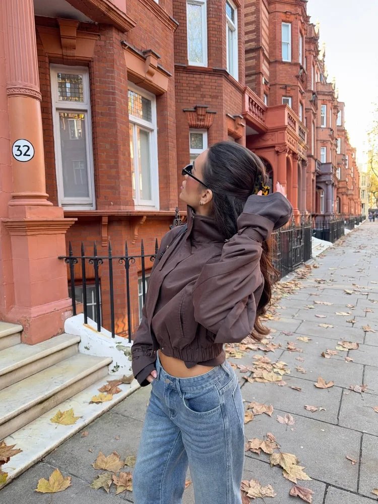 

Stand Collar Short Jacket Solid Women Casual Full Sleeve Lapel V-neck Loose Cropped Jackets 2026 Lady Spring Autumn Outwear New