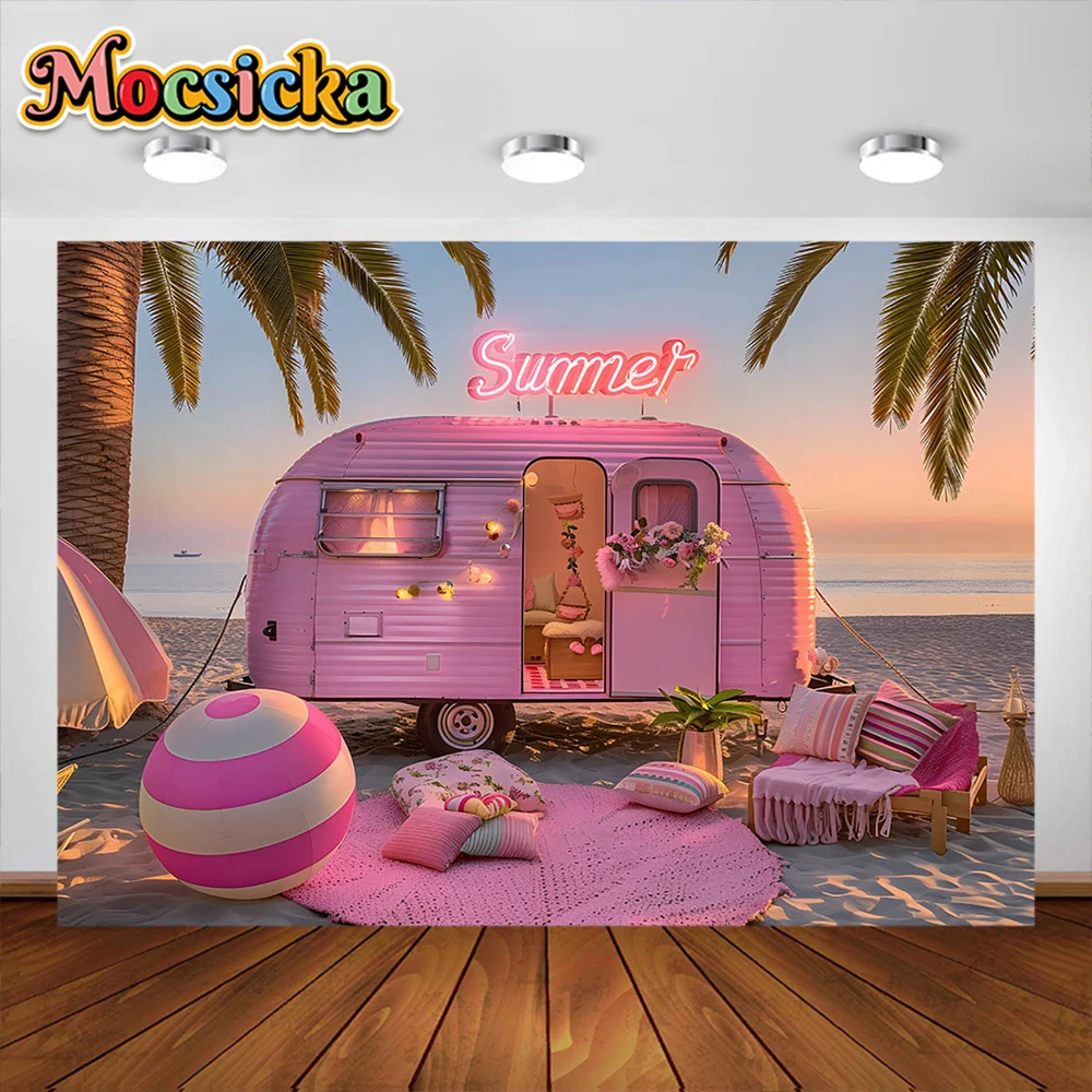 Verão ao ar livre fotografia fundo, rosa princesa carro, Dream House Backdrop, retrato de praia tropical, Kids Photo Studio