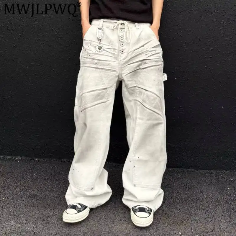 MWJLPWQ Double-Knee Button Design Dirty-Dyed Splash-Ink Denim Pants Streetwear Washed Loose Straight-Leg Jeans For Men 17505