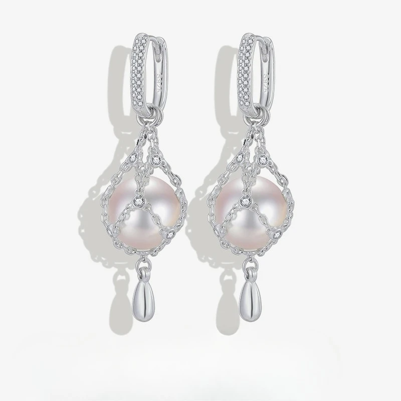 New S925 Pure Silver Australian White High Gloss Pearl Ear Buckle Design, Light Luxury Mesh Pocket Earrings, Wedding Jewelry