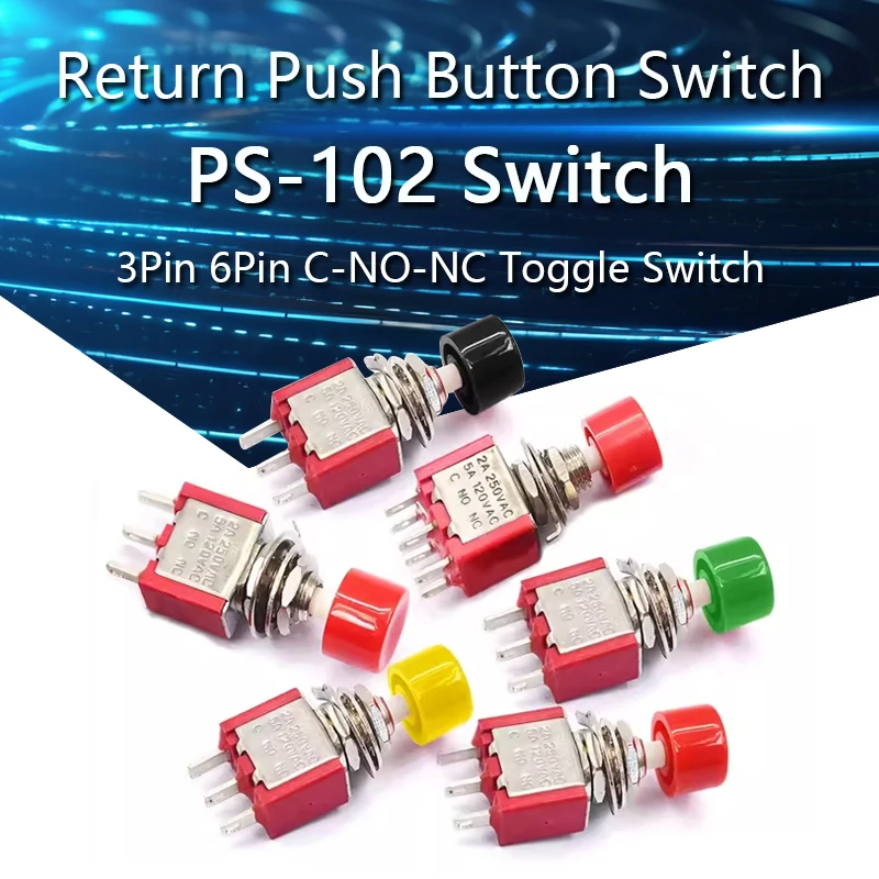 

5-50PCS PS-102 3Pin C-NO-NC 6mm Mini Momentary Automatic Return Push Button Switch 2A250VAC/5A 120VAC Toggle Switches MTS-102