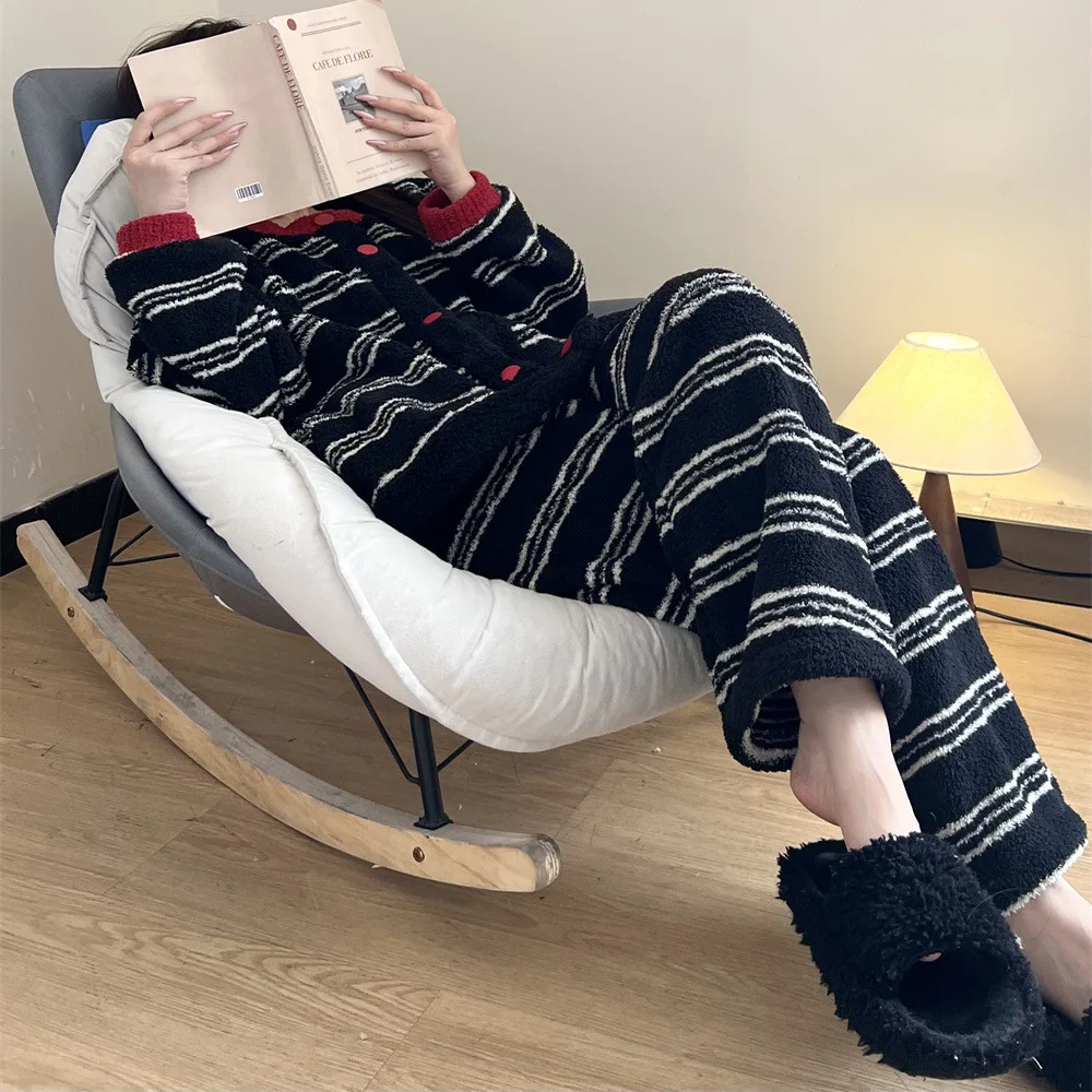 

Retro Striped Knit Half-fleece Set Women Winter Thickened Warm Long Sleeve Top + Trousers 2-piece Set Loungewear/pajamas