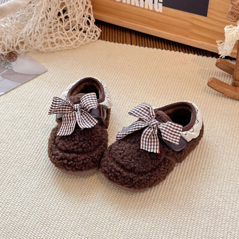 Girls Princess Shoes Sweet Bows Kids Suede Warm Shoes Comfortable 2025 Winter New Children Casual Flat Shoes Fashion Versatile