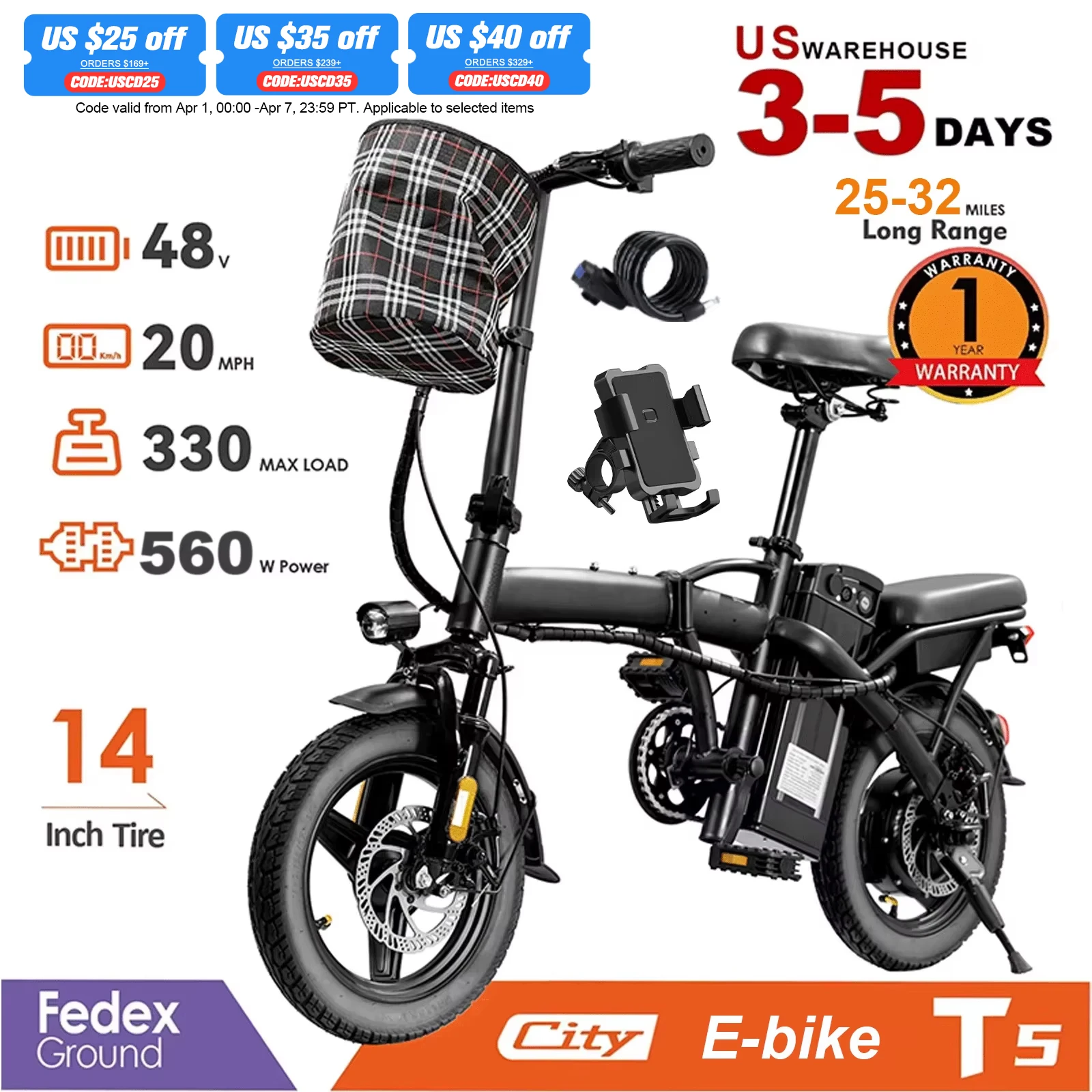Adult Electric Bike, 20 MPH,560W Motor,48V Removable Battery,14inch Folding Electric Bike,Maximum 32 Miles,1Year Warranty Ebike