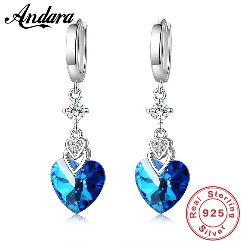 925 Sterling Silver Earrings Blue Crystal Heart-Shaped Zircon Earrings For A Woman\'S Engagement Charm Jewelry Gift