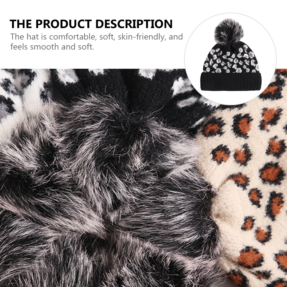 

Warm Knitted Hat Winter Beanie Leopard Print Pompom Lightweight Women Child Soft Woolen Hat Comfortable Foldable Storage