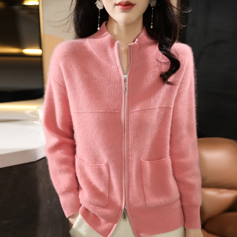 Women 100% Merino Wool Sweater Half-high Collar Cardigan Autumn/Winter Thickening Tops Cashmere Double Zipper Knitting Jacket