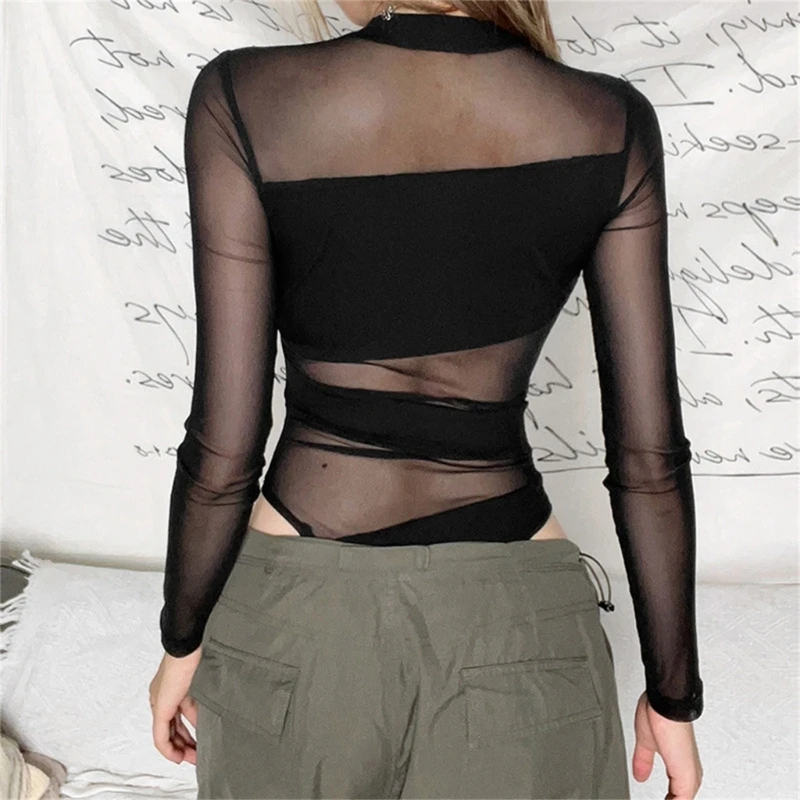 Women Irregular Sheer Mesh Patchwork Leotard Long Sleeve Fit Black Bodysuit