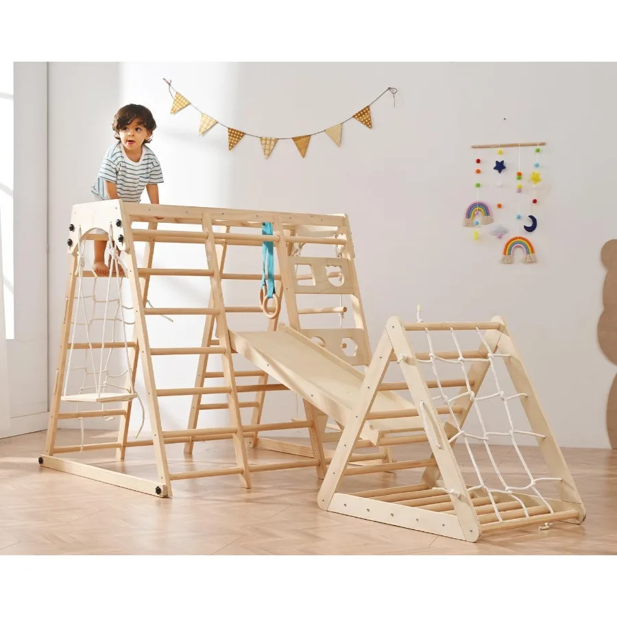 Juego de escalada plegable para niños pequeños 12 en 1, con tobogán, red de roca, barras de mono, tablero de dibujo, columpio y recogedor