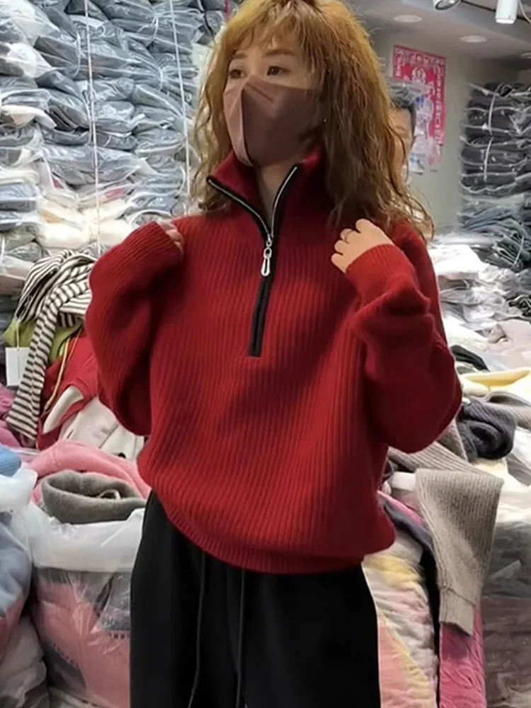 Maglione chic color blo con zip f Felpa con cappuccio lunga Sve Felpa coreana da donna Faion lavorata a maglia Top Sli Pendolarismo Vento