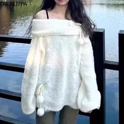 Onalippa Pure Design sweter z głębokim dekoltem damski sweter z odkrytymi ramionami delikatne swetry wiatrowe koreański słodki luźny sweter z dzianiny