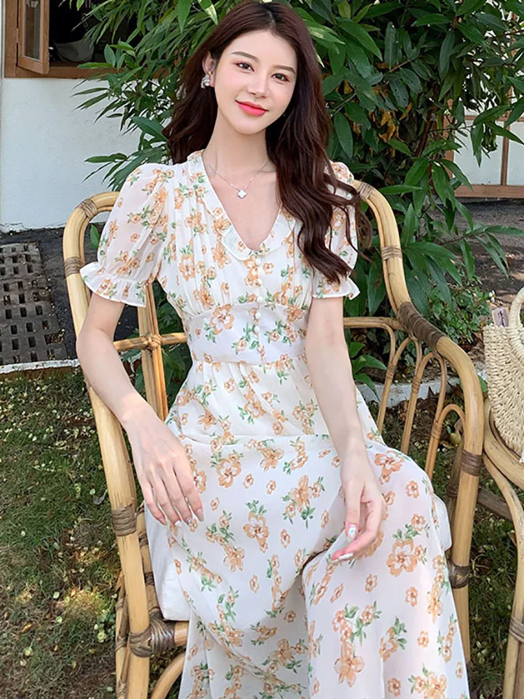 2025 Boho floreale chiffon manica a sbuffo increspato scollo a V abito longuette estate casual vestito da festa donna moda coreana abiti eleganti