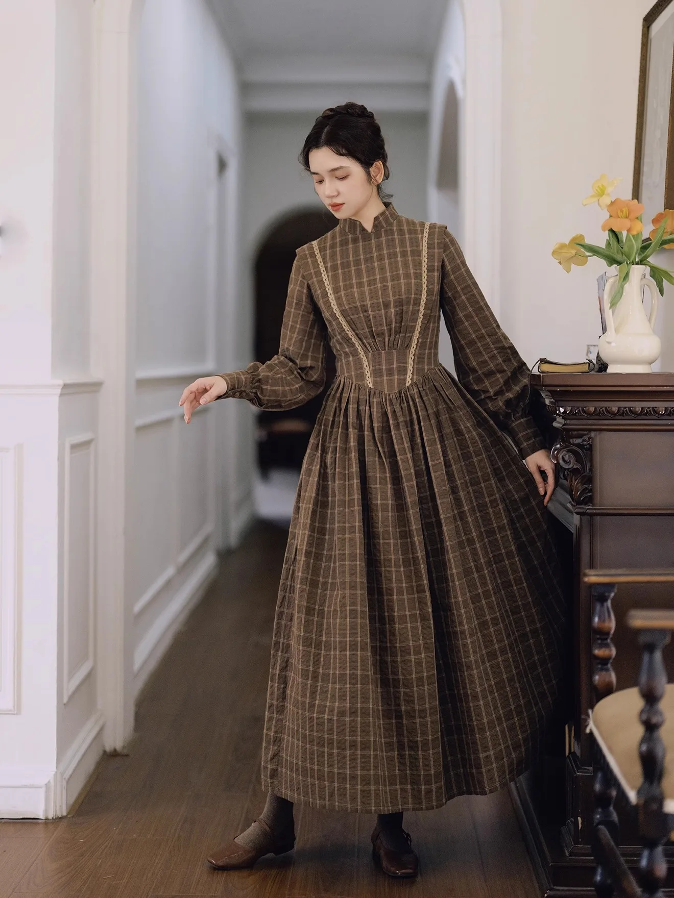 TIYIHAILEY 100% coton Plaid printemps automne femmes robe pleine lanterne manches longue Maxi dames S-XL Vintage taille haute col montant