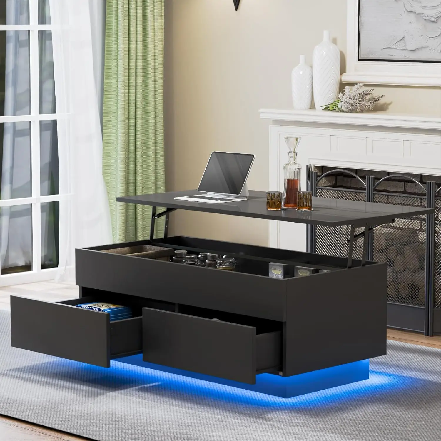 Mesa de centro con tapa elevable Mesa de centro moderna con almacenamiento Mesa de sofá negra de alto brillo para mesas centrales de sala de estar Com oculta