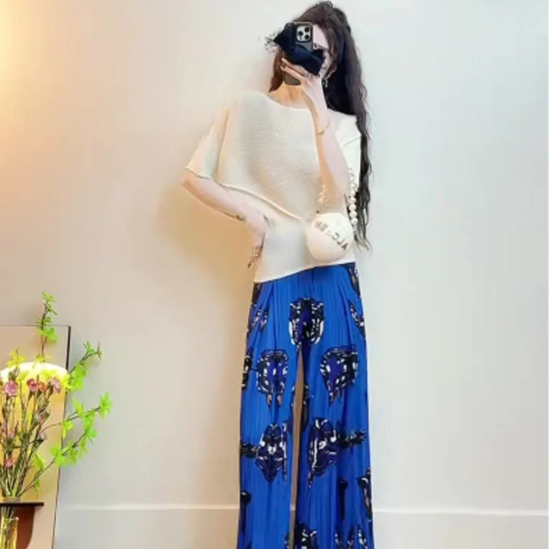 

Miyake Pleated Trouser Suit 2026 Premium Crewneck Elegant Fitted Blouse Retro Print Spring New High-Waisted Fold Pants Suit Set