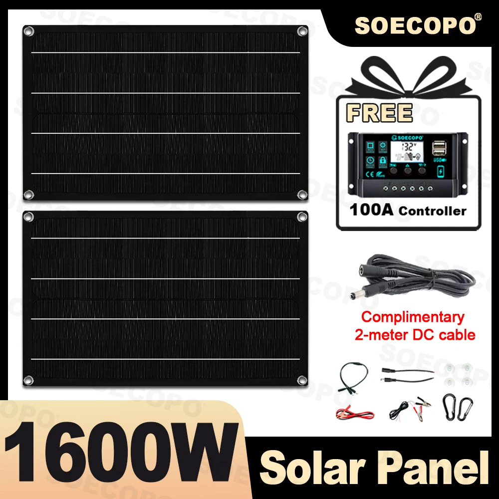 

SOECOPO 1600W Portable Solar Panel Kit 18V Photovoltaic Panels*2 for Camping. Includes Free 100A Controller & USB 5V Charging