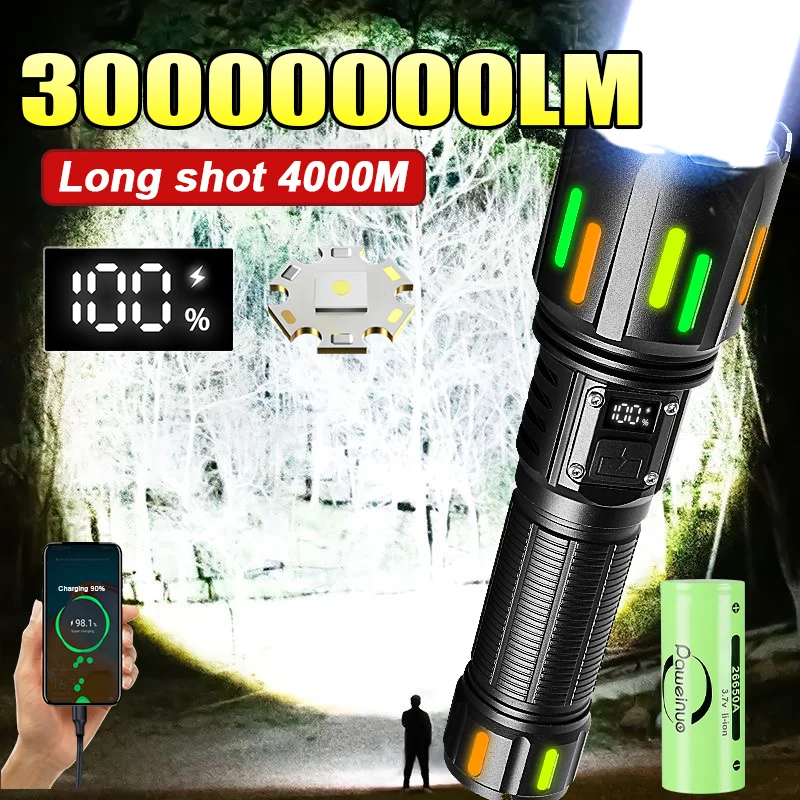 

30000000LM Strong Light Flashlight Powerful LED Tactical Torch Ultra Bright 500W Flashlights 4000M Rechargeable Portable Lantern