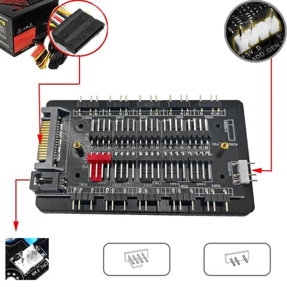 4Pin PWM & 5V 3Pin ARGB ARGB and PWM HUB SATA Power 10/16 Hub Case Fan Hub Adapter Multi Way Splitter for Desktop Computer PC