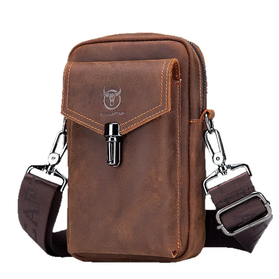 BULLCAPTAIN Men's Genuine Leather Crossbody Phone Bag Vintage Cowhide Mini Shoulder Bag Casual Travel Sling Pouch Waist bag