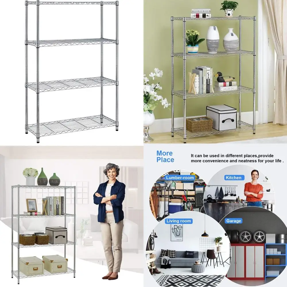 

4-Tier Metal Storage Shelves - Heavy Duty Wire Shelving, 36 x 14 x 54, Holds 250 lbs, Chrome Finish | Ideal for Garage, Pantry,
