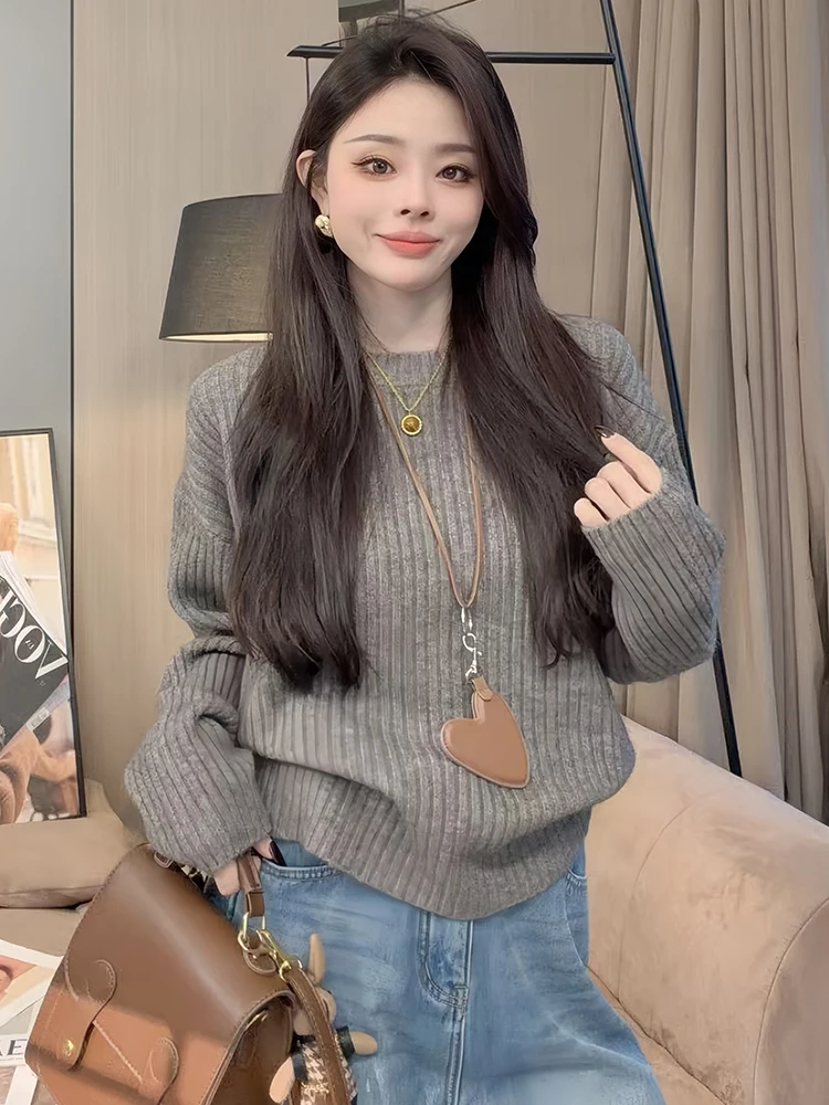 

Korean Sle Color Simple round Ne Long Sve Knitwear Women's Loose Fit Agel Autumn Winter New Arrival Top