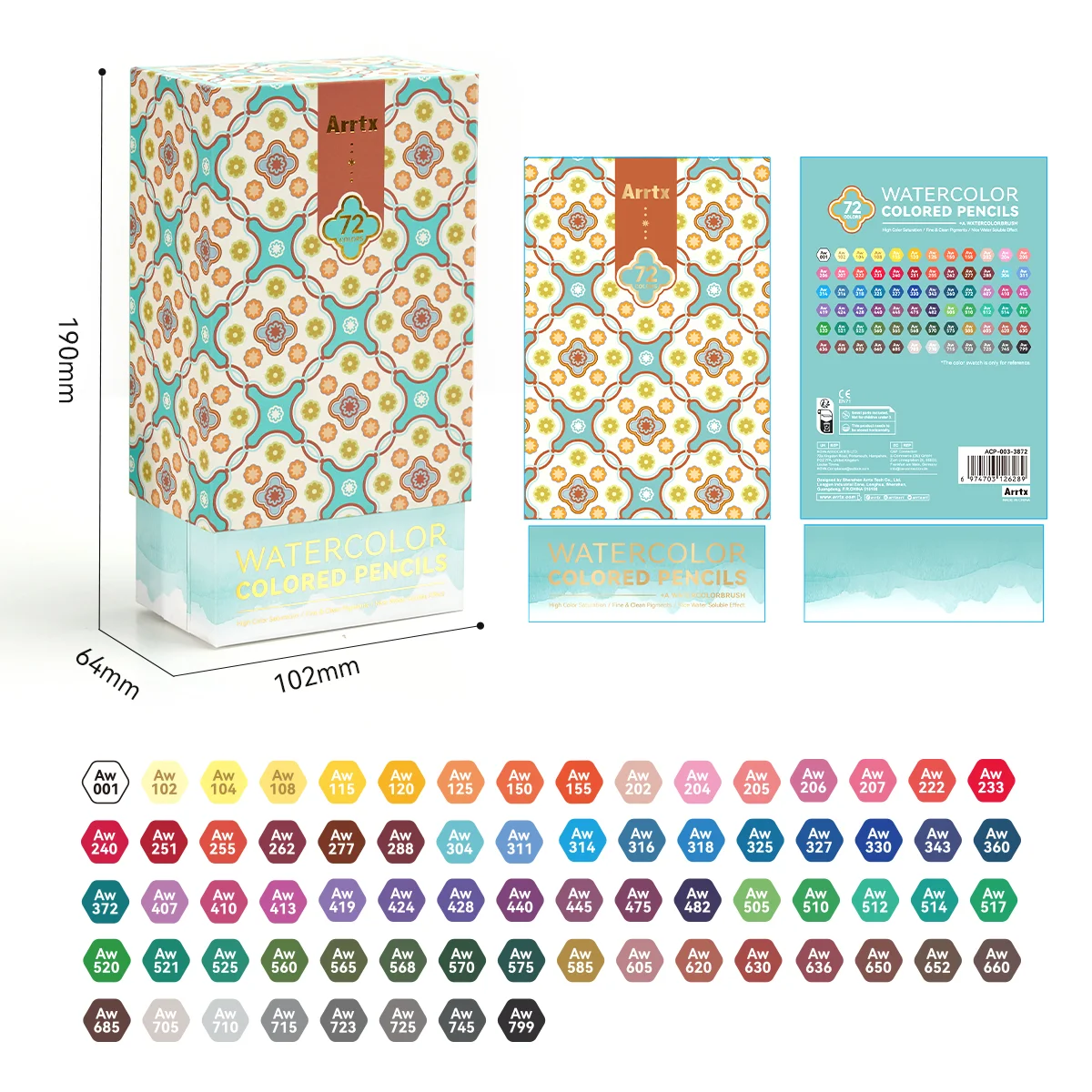 Arrtx 72 Kleuren Wateroplosbare Kleurpotloden Set met Nylon Penseel Waterverf Potlood Kunstbenodigdheden voor Tekenen, Schetsen en Kleuren
