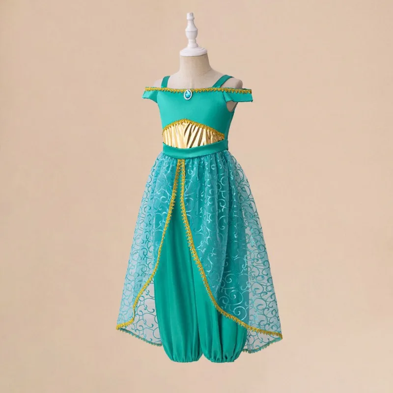 Costume de princesse Jasmine, lampe d'aladdin, robe verte de danse indienne, vêtements pour enfants, tenues de spectacle sur scène, vacances pour filles