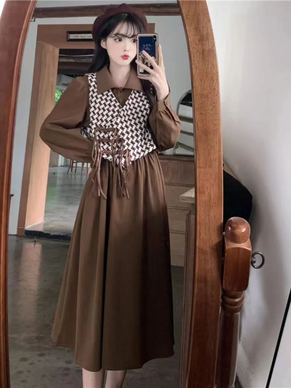 Plus Size 300 Pou Dr Set Autunno Inverno Carne Sciolta Nascondere Gilet scozzese irt Dr Set a due pezzi Faion cinese da donna