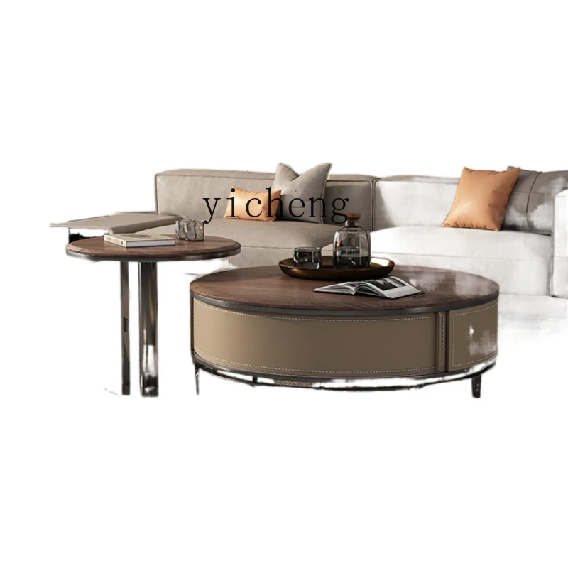 

XL Simple Walnut Original Solid Wood round Saddle Leather Small Apartment Coffee Table Combination