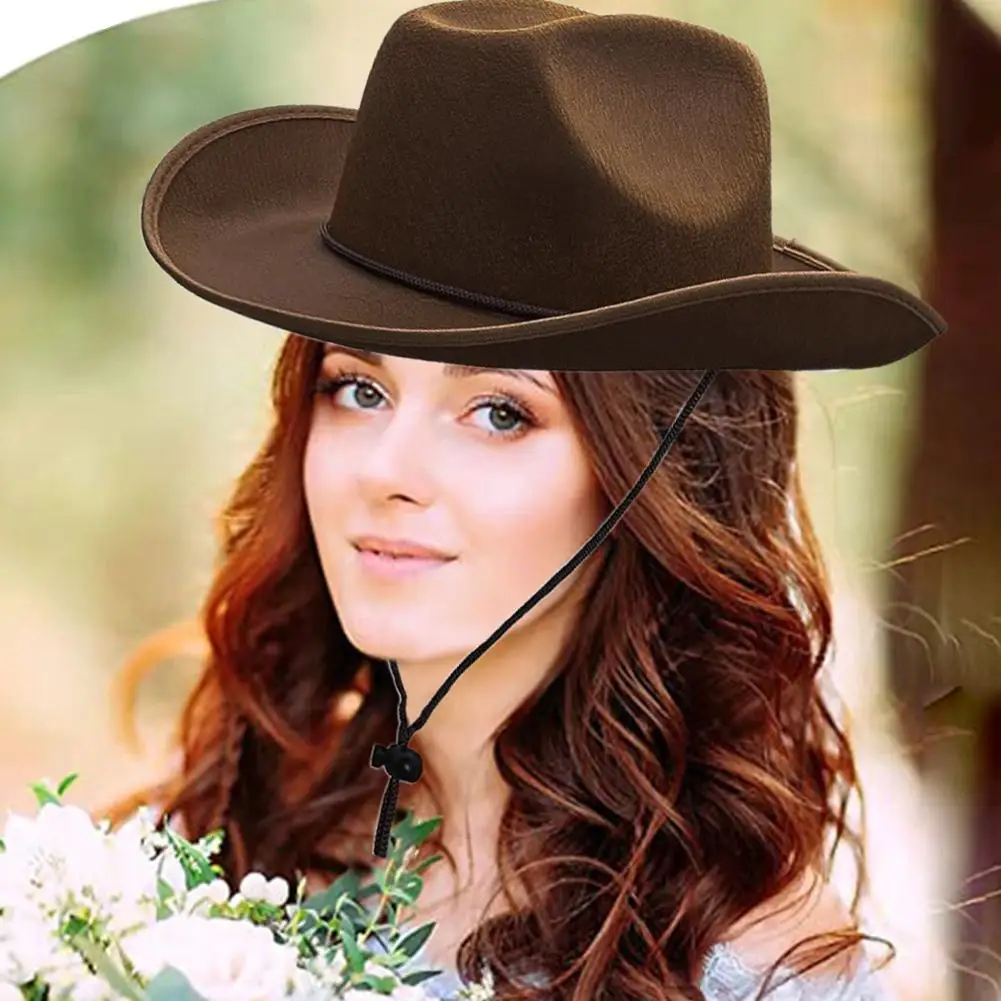 스트링이있는 서양 카우보이 모자 서양식 대형 브림 모자 빈티지 웨딩 카우보이 모자 절묘한 가장자리 장인 정신