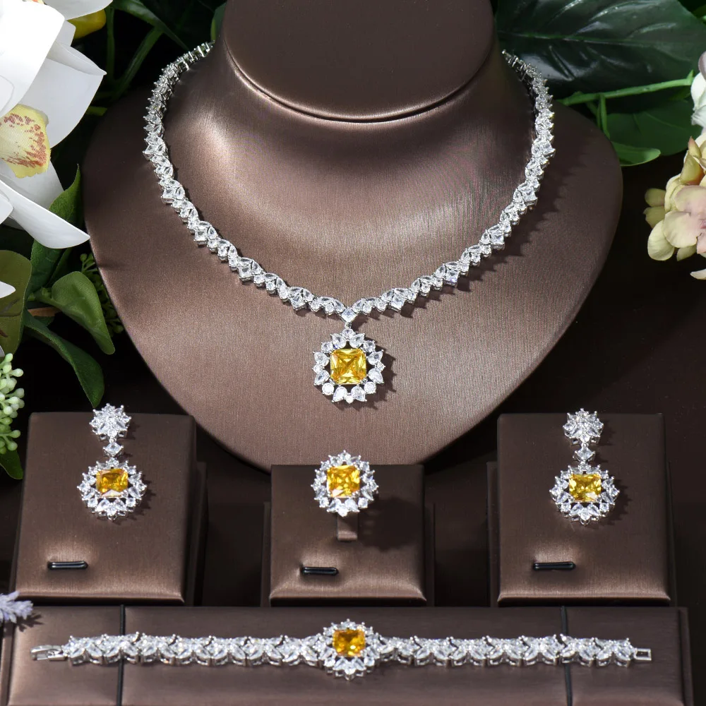 HIBRIDE Luxury Square Yellow CZ Jewelry Sets For Women Wedding Zircon  African Dubai Bridal Necklace Earring Dance Party N-491