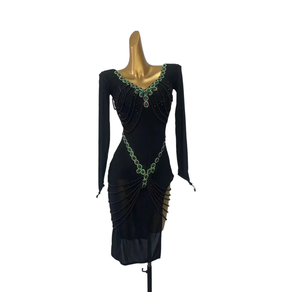 Latin Dance Stage Rhinestone Women's Clothing High-end Custom Elegant Emerald Design Samba Performance High Flash Clothing Dress