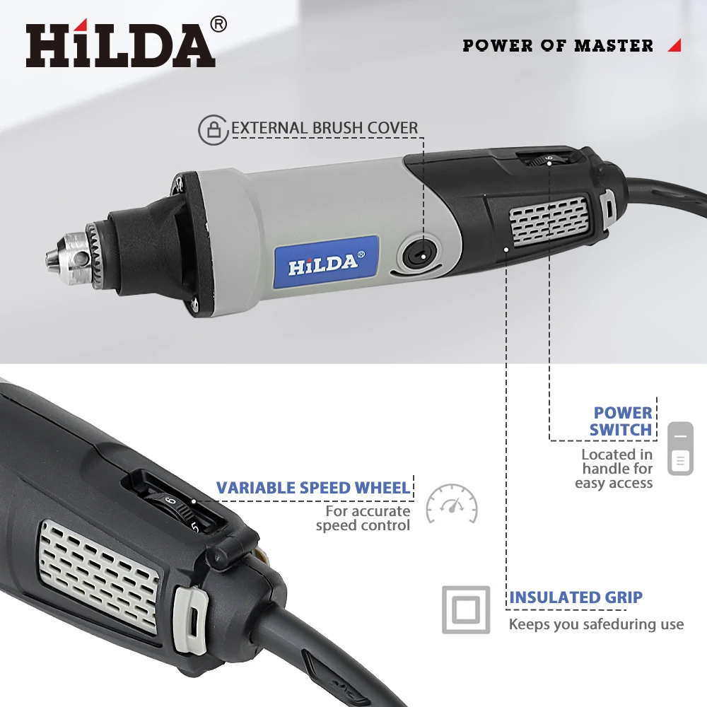 هيلدا الحفر الكهربائية أداة دوارة أدوات كهربائية متغيرة السرعة 400 واط مثقاب صغير 6 موقف أدوات دوارة آلة طحن صغيرة