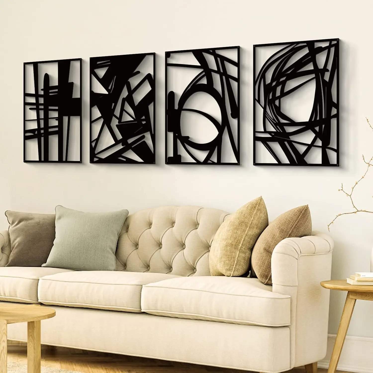 4 Pack Black Abstract Metal Wall Art, Minimalist Décor Single Line Art Wall Décor, 3D Textured Metal Wall Sculptures