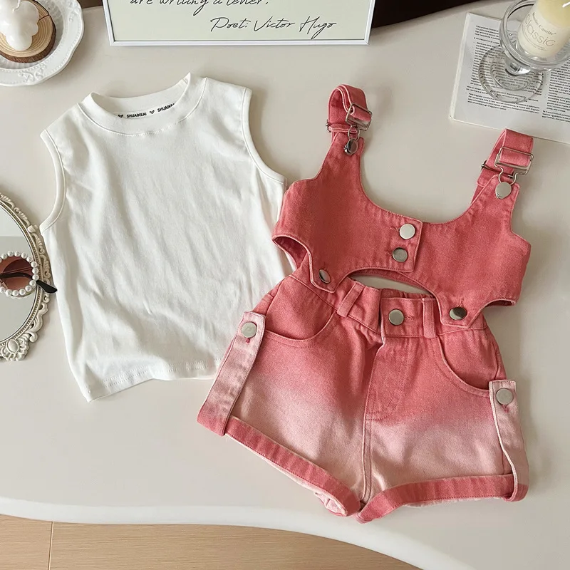 Children Summer 3pcs Casual Birthday Clothes 2025 New Fashion Girls Baby Denim Clothing Set Vests+shorts+white Tees Shirts,Kids