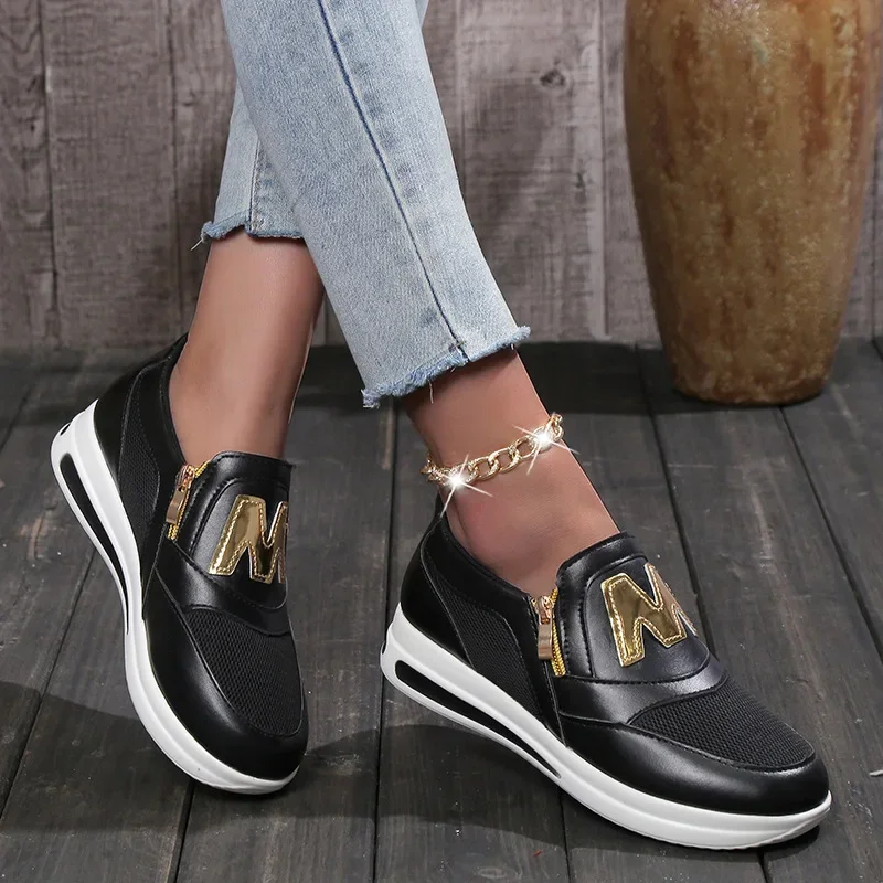 2021 Women Flats Platform Shoes Women Elegant Genuine PU Shoes Woman Spring Casual Zipper Flat Women Non Slip Shoes