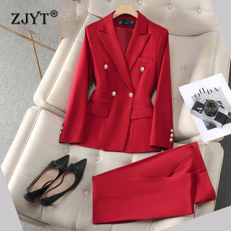 

ZJYT Business Chic Women's Double Breasted Blazer Suits Pant Sets Two Piece Elegant Office Lady Outfit Plus Size Jacket Trousers