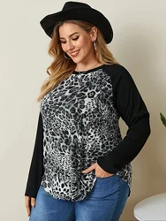 Plus Size Casual Leopard T-shirt Women Long Raglan Sleeve Color Blocked Spring Autumn Elegant Knitting Top Blouse 4XL 5XL 6XL 7X