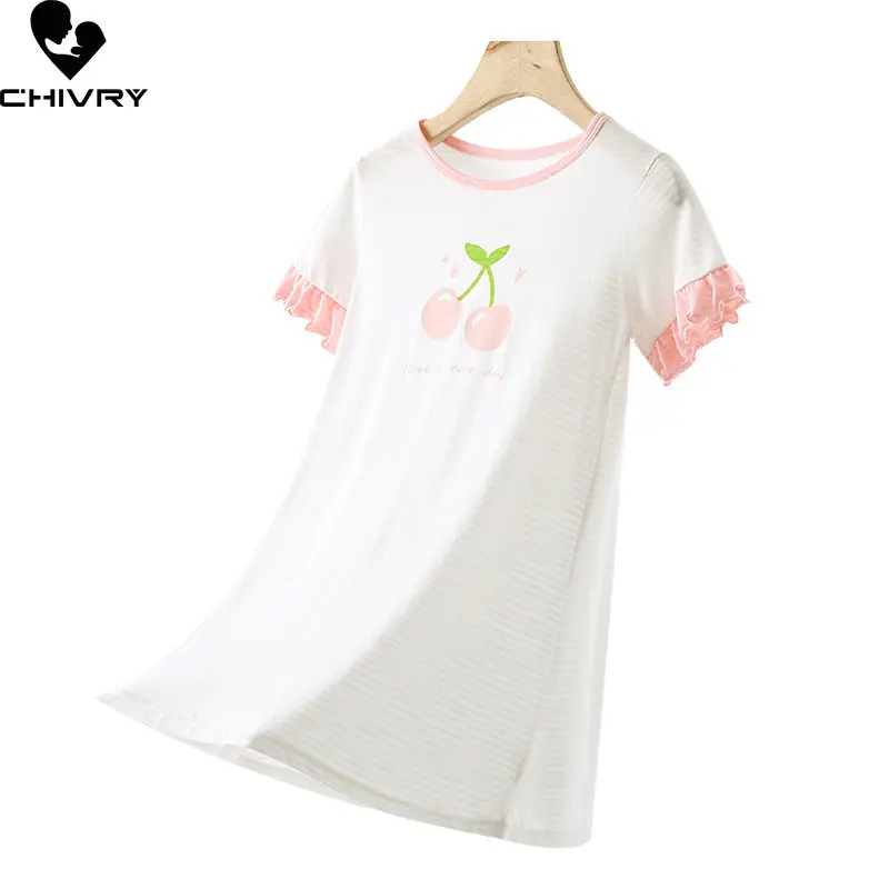 Nuove camicie da notte per ragazze 2023 estate sottile manica corta o-collo Cartoon Cherry Print Sleepwear Baby Girl Sleeping Dress Homewear