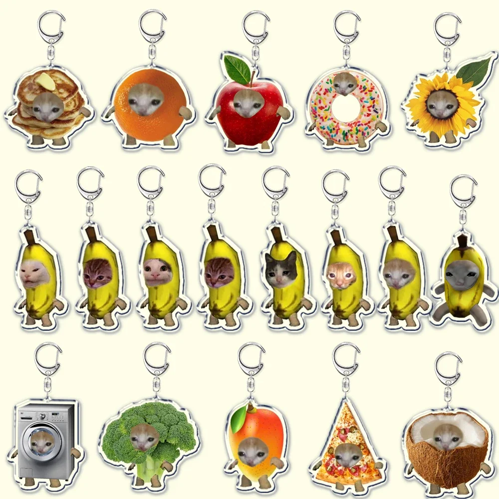 Cute Banana Cat Meme Keychain Funny Happy Cats Pendant Keyring Keyfob for Women Jewelry Accessories Gifts Egg Puzzle Cat Crying