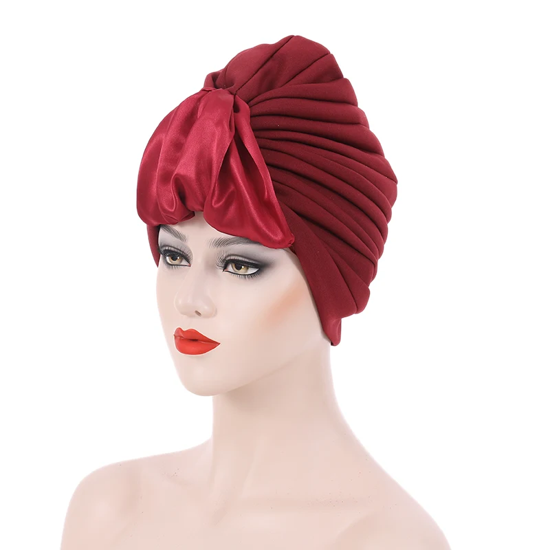 2022 New Satin Loop Ruffled Turban Cap for Women Pleated African Head Wrap Bonnet Nigeria Elegant Headties Turbante Mujer