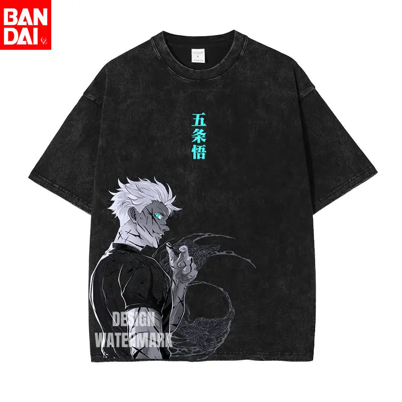 Vintage Washed Black T-Shirt Anime Jujutsu Kaisen Gojo Satoru Grafik-T-Shirt für Männer und Frauen Lässige Streetwear Baumwolle Oversized T-Shirt