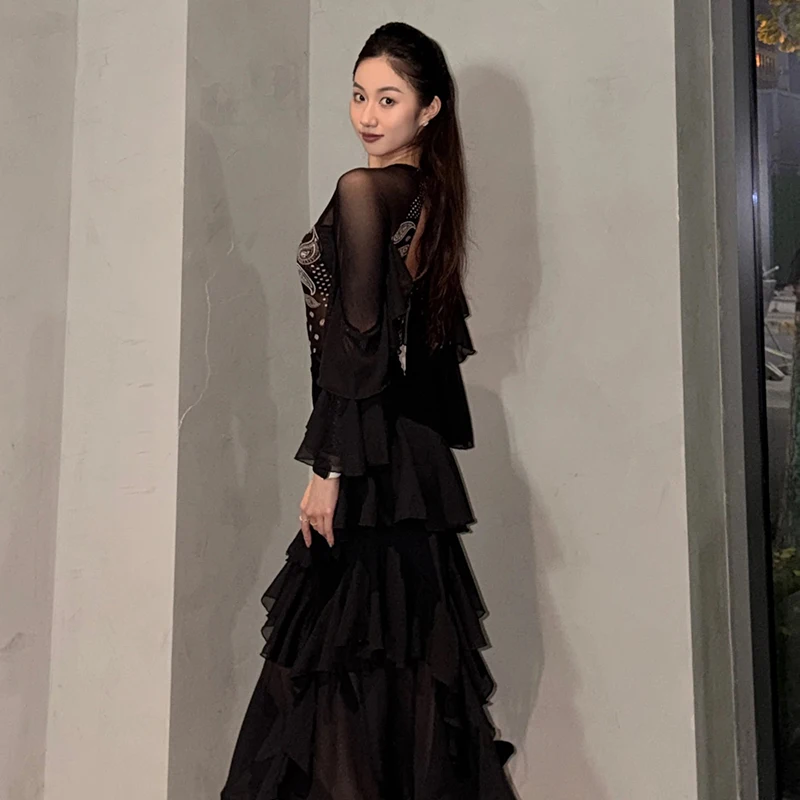 Vestido de baile de salón para mujer, traje de baile estándar moderno, ropa de entrenamiento de gasa, falda de práctica negra, Ropa de baile de salón 4910