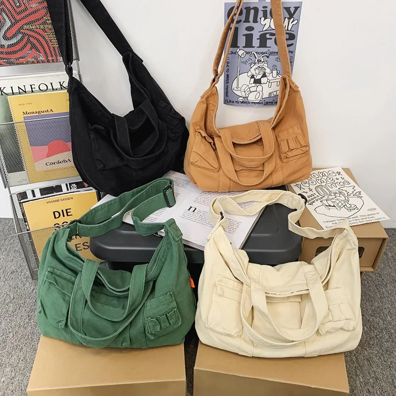 Bolsos de hombro de lona impermeables para mujer, bolsos de mensajero de alta calidad, bolsos de compras de Color sólido, bolso cruzado femenino