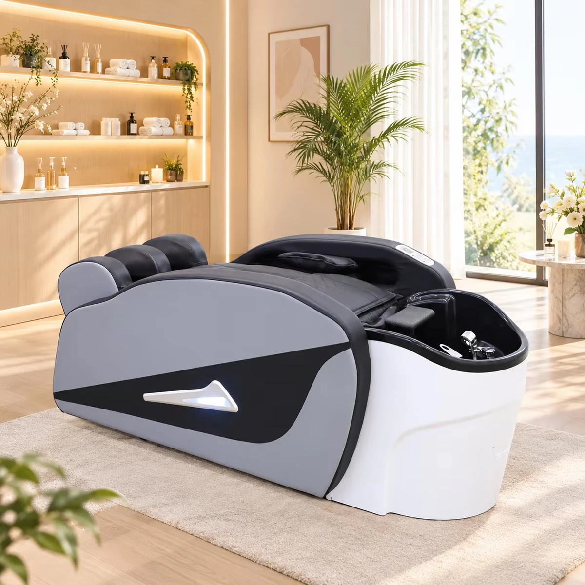 Shampoo Massage Bed with Steam Dome & LED Light, Reclining Hair Washing Bed for Beauty Salon Head Spa Scalp Treatment