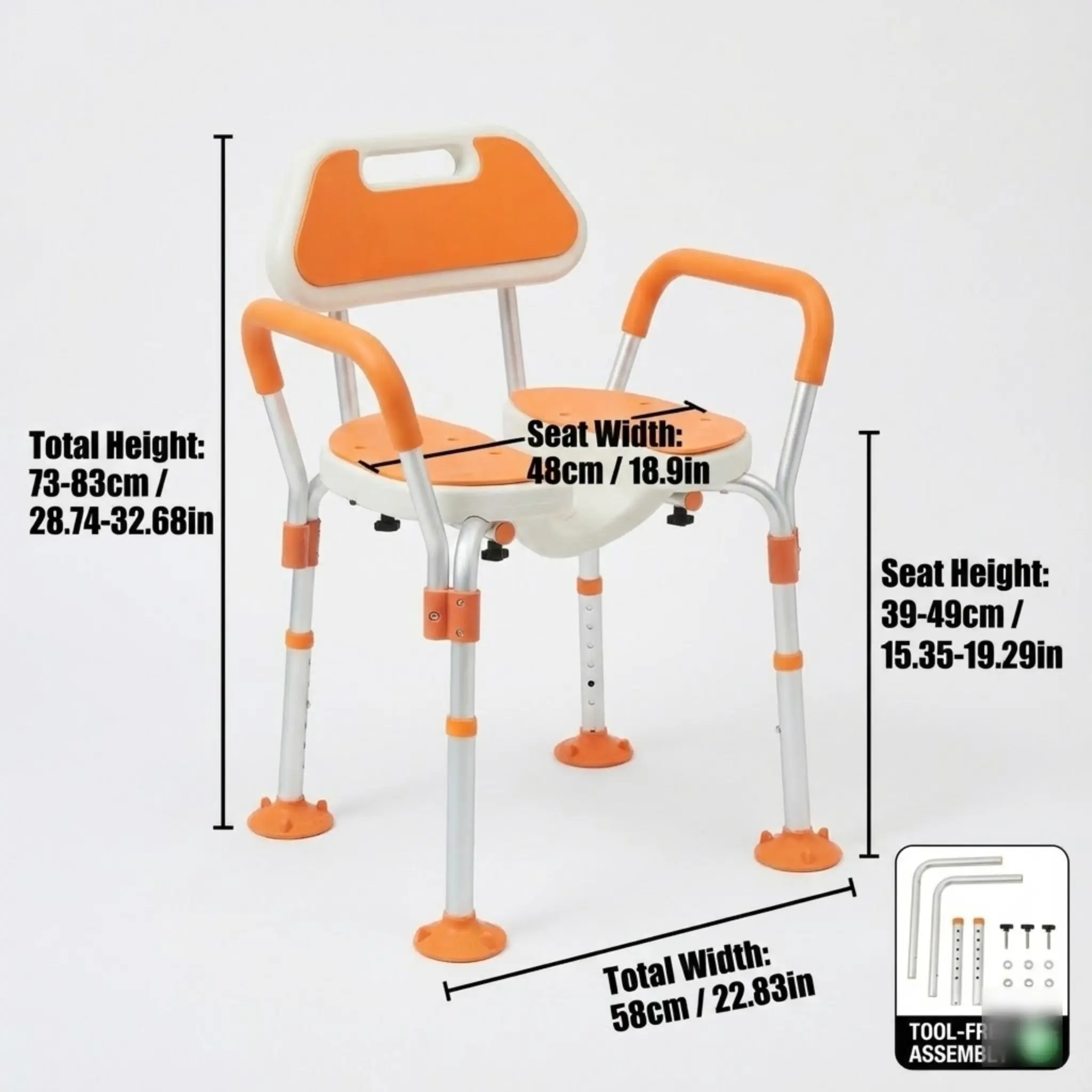 كرسي استحمام من الألومنيوم مع ظهر وأذرع قابل للتعديل بارتفاع غير قابل للانزلاق لكبار السن والمعاقين